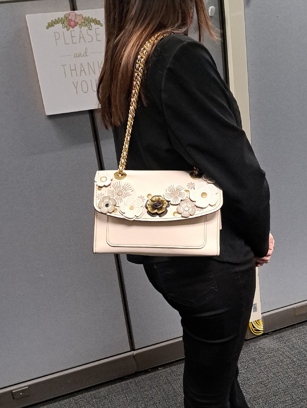 Coach Parker Shoulder Bag with Tea Rose Applique in the chalk and brass Color